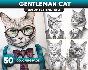 Gentleman Cat Coloring Pages, Gentlemeow Instant Download, Grayscale Coloring Book, Printable PDF / JPEG file 50 coloring page