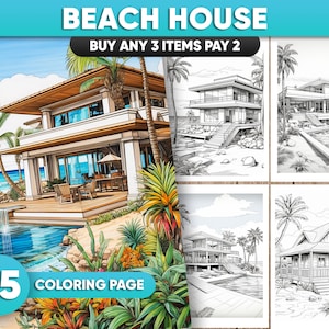 35 Beach House Coloring Pages | Printable PDF Format | Summer Holiday Coloring Sheets for Stress Relief | Instant Download