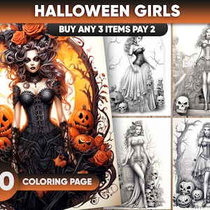 30 Halloween Girls Coloring Pages, JPEG/PDF format, Instant Download, Coloring Pages for adults, Instant Download, Grayscale Coloring Book,