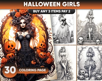 30 Halloween Girls Coloring Pages, JPEG/PDF format, Instant Download, Coloring Pages for adults, Instant Download, Grayscale Coloring Book,