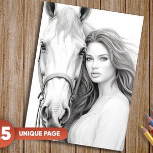 Pu&ograve; includere: Un disegno in bianco e nero di una donna con i capelli lunghi e un cavallo. La donna guarda lo spettatore e il cavallo guarda di lato. La donna indossa un abito semplice e il cavallo ha un morso.