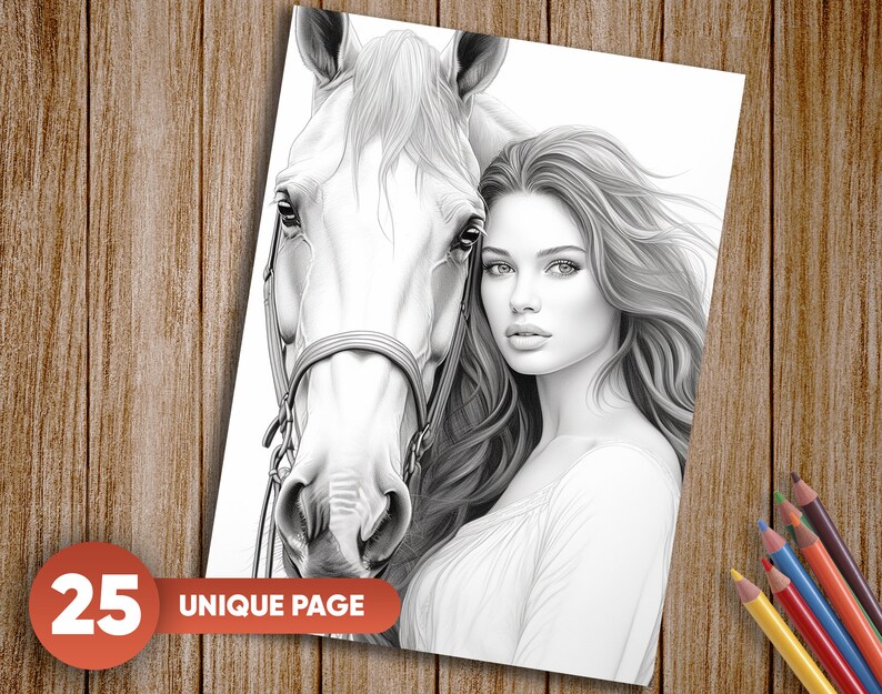 Pu&ograve; includere: Un disegno in bianco e nero di una donna con i capelli lunghi e un cavallo. La donna guarda lo spettatore e il cavallo guarda di lato. La donna indossa un abito semplice e il cavallo ha un morso.
