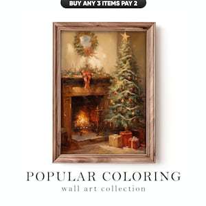 Vintage Christmas Fireplace Oil Painting: Cottagecore Holiday Decor (Digital Download)