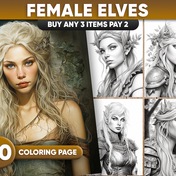 Female Elves Coloring Pages for Adults and for Kids Grayscale Coloring Book, Printable PDF Fantasy Fairy Instant Download 40 Pages PDF/JPEG