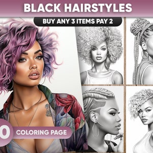 Black Women Hairstyles Portrait Coloring Pages: 30 Grayscale Art (PDF/JPEG)