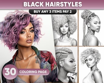 30 Black Women Hairstyles Portrait Coloring Pages for adults, Instant Download, Grayscale Coloring Book, Printable PDF / JPEG File