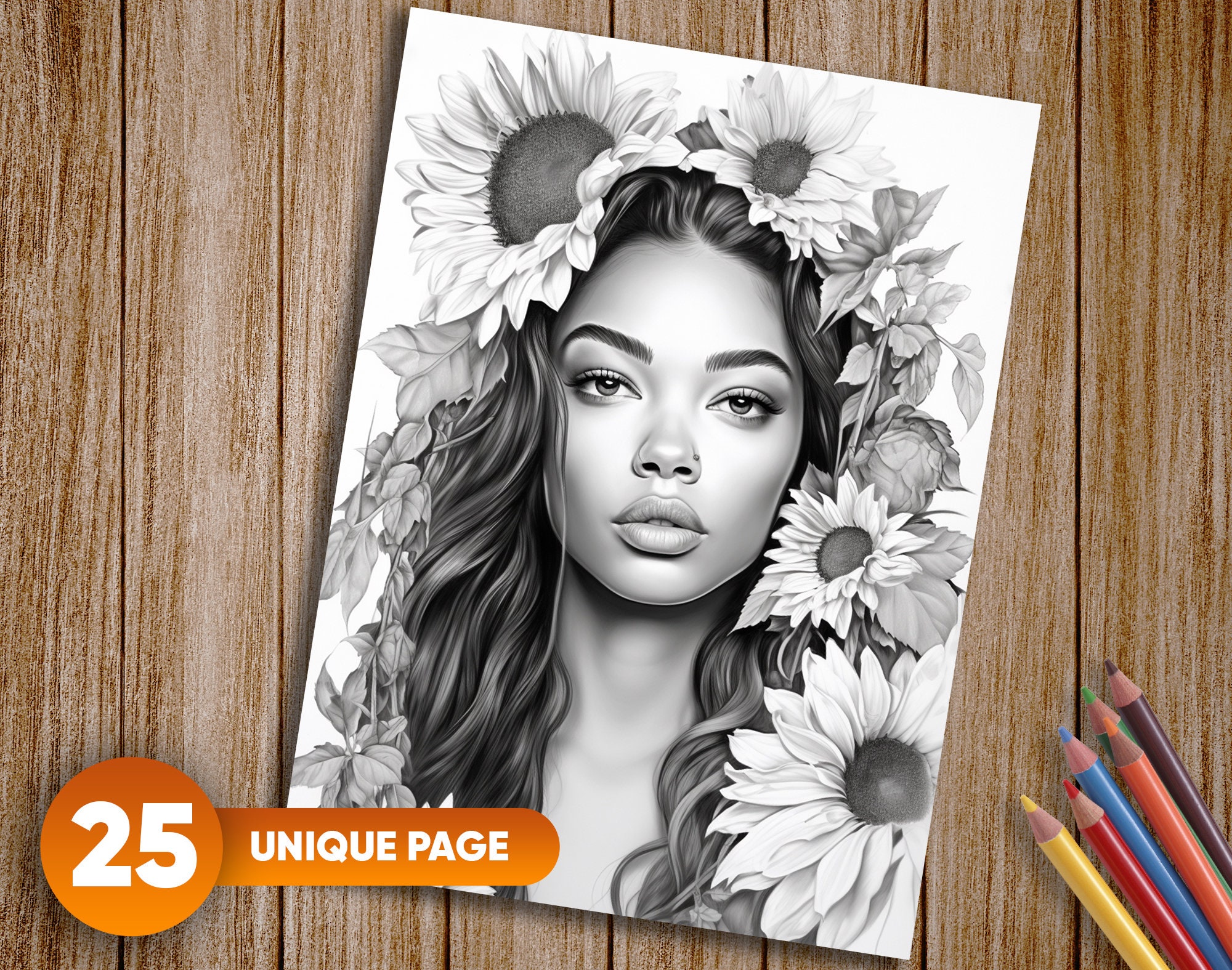25 Sunflower Ladies Coloring Page Grayscale Coloring Page for Adults ...