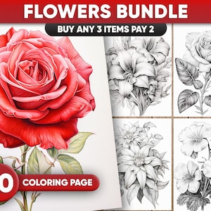 Flower Coloring Pages: 30 Grayscale Floral Illustrations (PDF/JPEG)