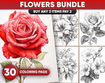 Flower Coloring Pages: 30 Grayscale Floral Illustrations (PDF/JPEG)