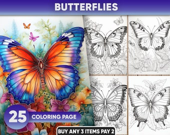 Pagine da colorare di farfalle e fiori: 25 illustrazioni in scala di grigi (PDF stampabile)