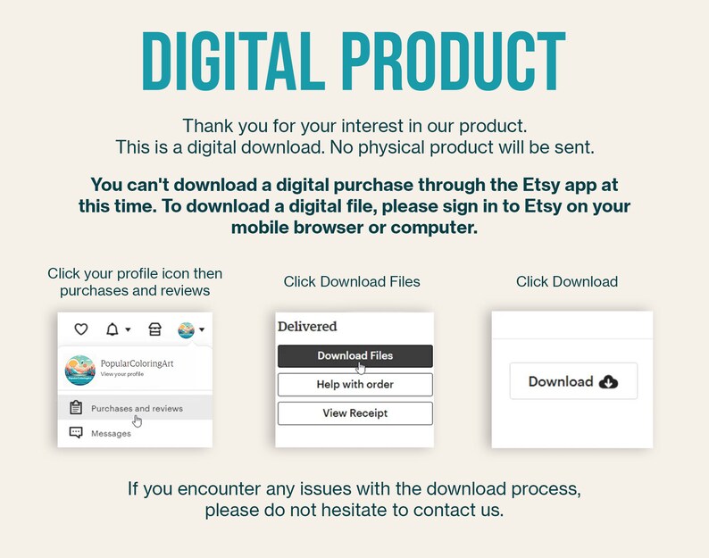 Pu&ograve; includere: Una grafica di istruzioni per il download di un prodotto digitale con un titolo blu turchese "PRODOTTO DIGITALE". La grafica spiega come scaricare un acquisto digitale da Etsy. La grafica include uno screenshot dell'app Etsy e uno screenshot del sito web Etsy.