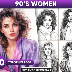 40 Beautiful 90s Women Coloring Pages, Back to the 90s, 90s Aesthetic, Digital Coloring Book, Grayscale Coloring Book, Download PDF / JPEG