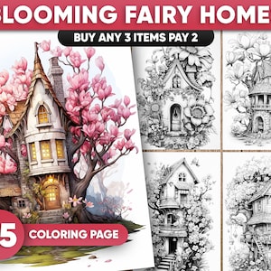 25 Blooming Fairy Homes Coloring Book, Adults kids Instant Download | Grayscale Coloring Book , Flower Houses, Fairy Houses, PDF / JPEG