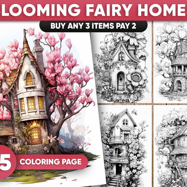 25 Blooming Fairy Homes Coloring Book, Adults kids Instant Download | Grayscale Coloring Book , Flower Houses, Fairy Houses, PDF / JPEG