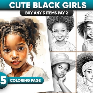 大人と子供向けのかわいい黒人少女のグレースケールぬり絵 25 ページ グレースケールぬり絵ブック、印刷可能な PDF