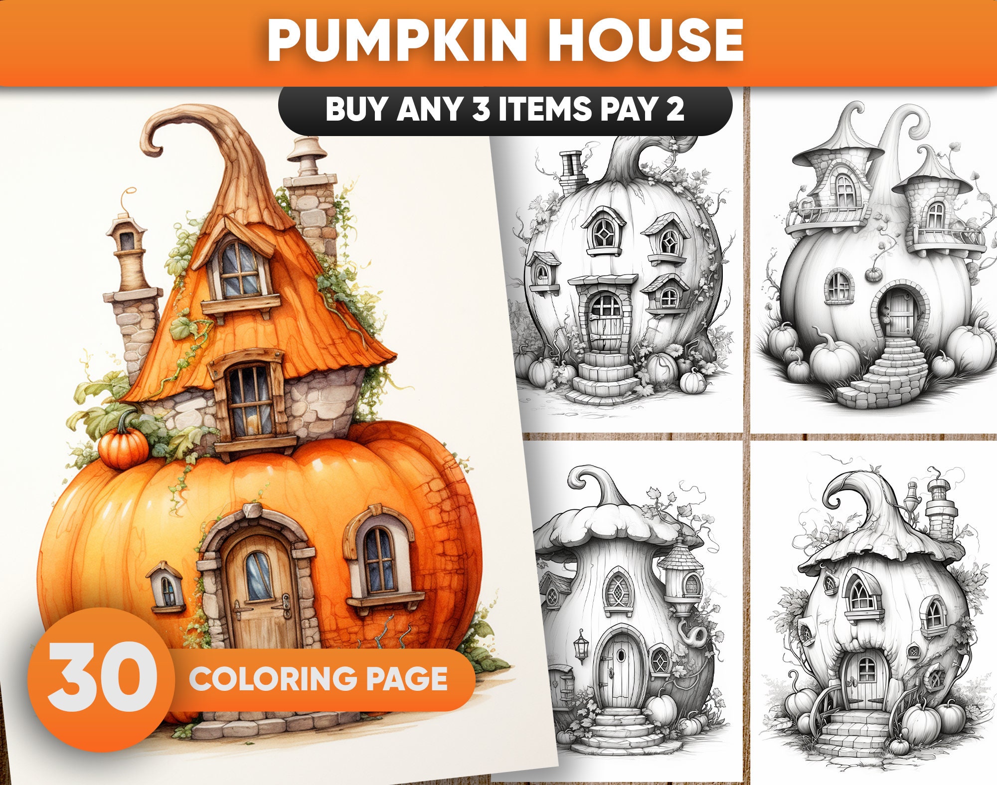 30 Pumpkin House Coloring Pages for Adults and for Kids Grayscale Coloring Book, Printable PDF, Digital Download