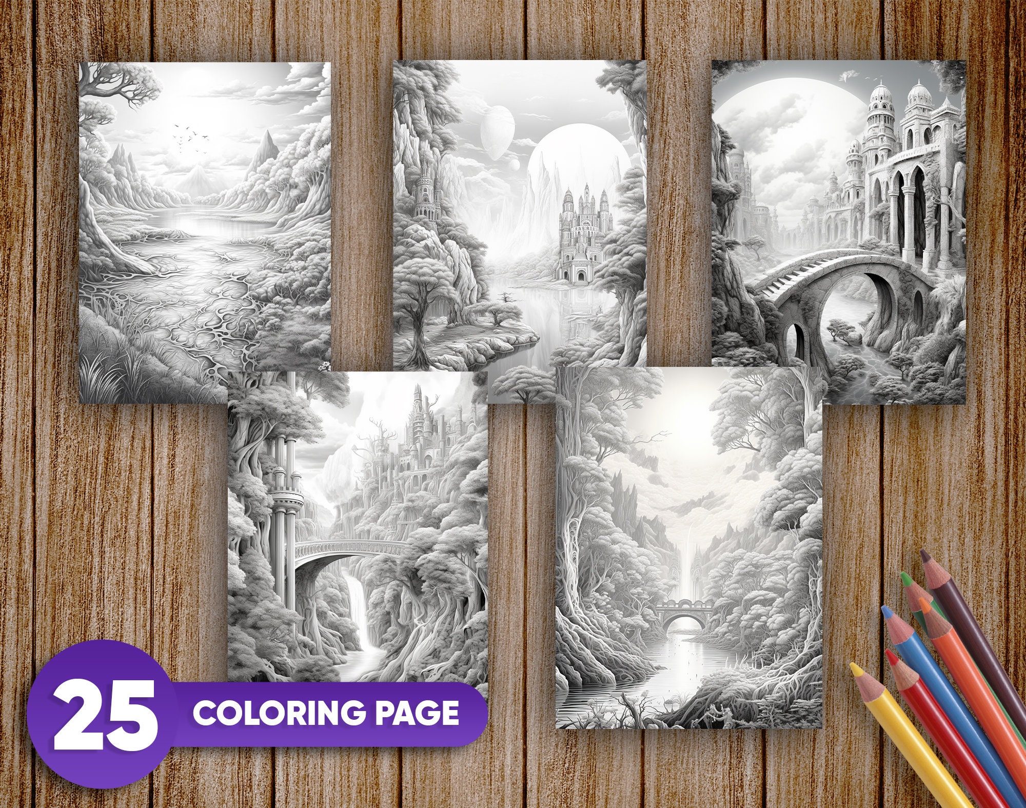 Fantasy Landscape 25 Coloring Pages for Adults and for Kids - Etsy
