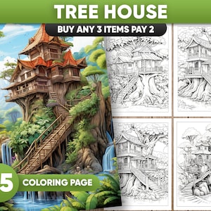 May include: A coloring book page featuring a detailed illustration of a tree house with a waterfall and lush greenery. The tree house has a Japanese-inspired design with a curved roof and intricate details. The text "25 Coloring Page" is displayed at the bottom of the page.