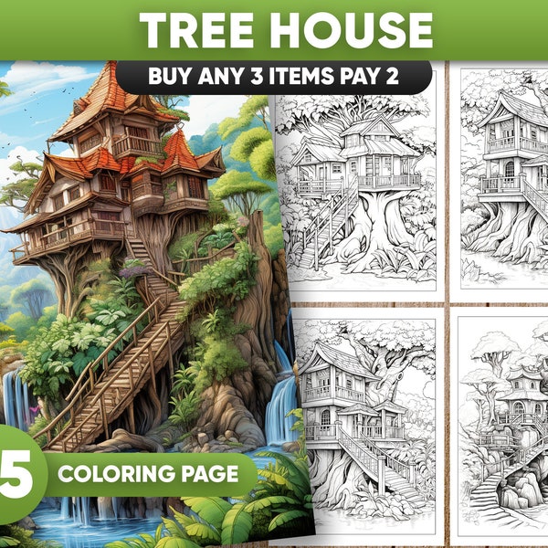 Pages de coloriage de cabane dans les arbres pour adultes et enfants Livre de coloriage en niveaux de gris, PDF imprimable