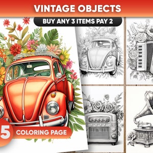 Retro Vintage Objects Coloring Page: 25 Grayscale Designs (PDF/JPEG)