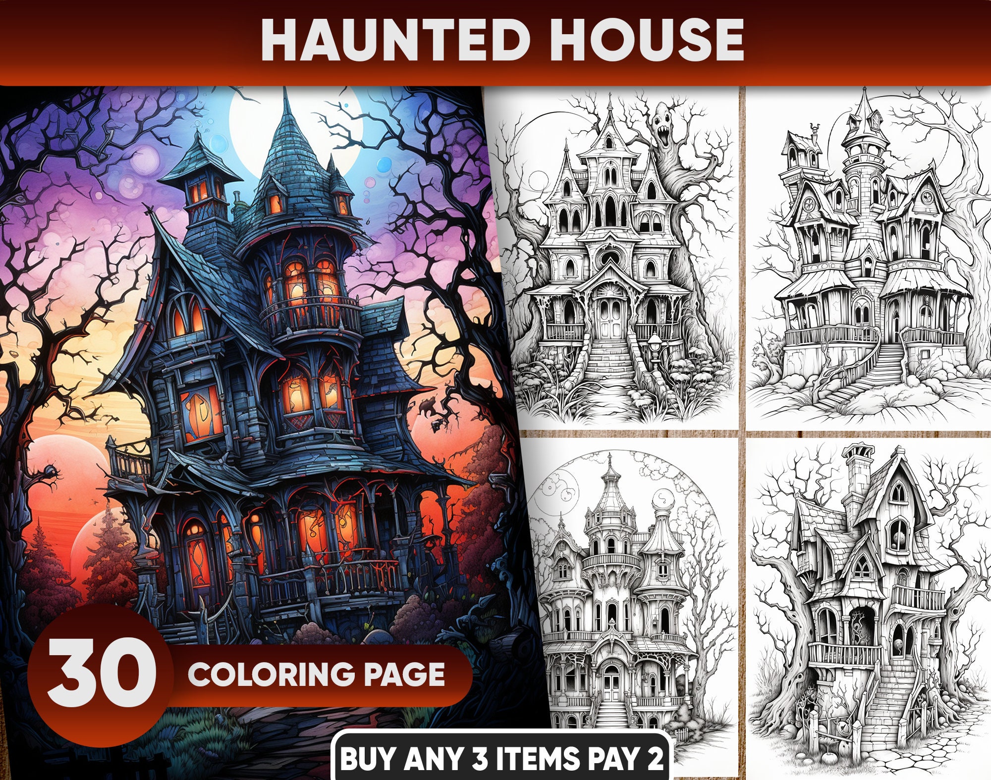 30 Haunted House Coloring Pages for Adults and for Kids - Etsy