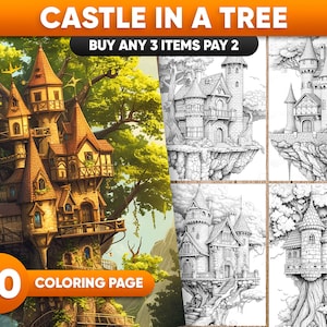 40 Castle In a Tree, Fairytale Castles Grayscale Coloring Pages for Adults,Fantasy Castles Coloring Book Pages For Adults, PDF / JPEG