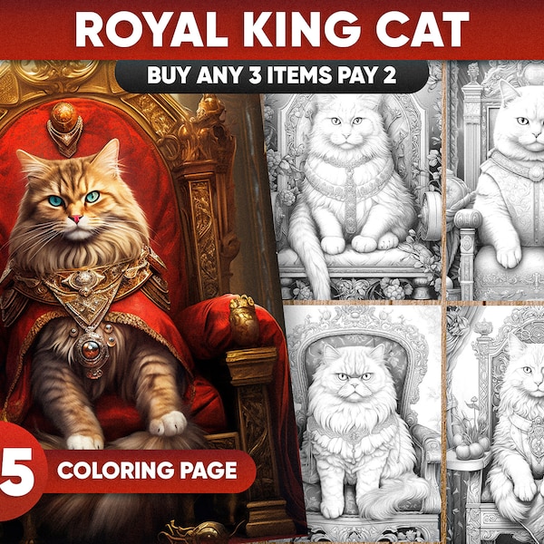 35 pages à colorier Royal King Cats, pour adultes et enfants, téléchargement immédiat, livre de coloriage en niveaux de gris, imprimable PDF/JPG