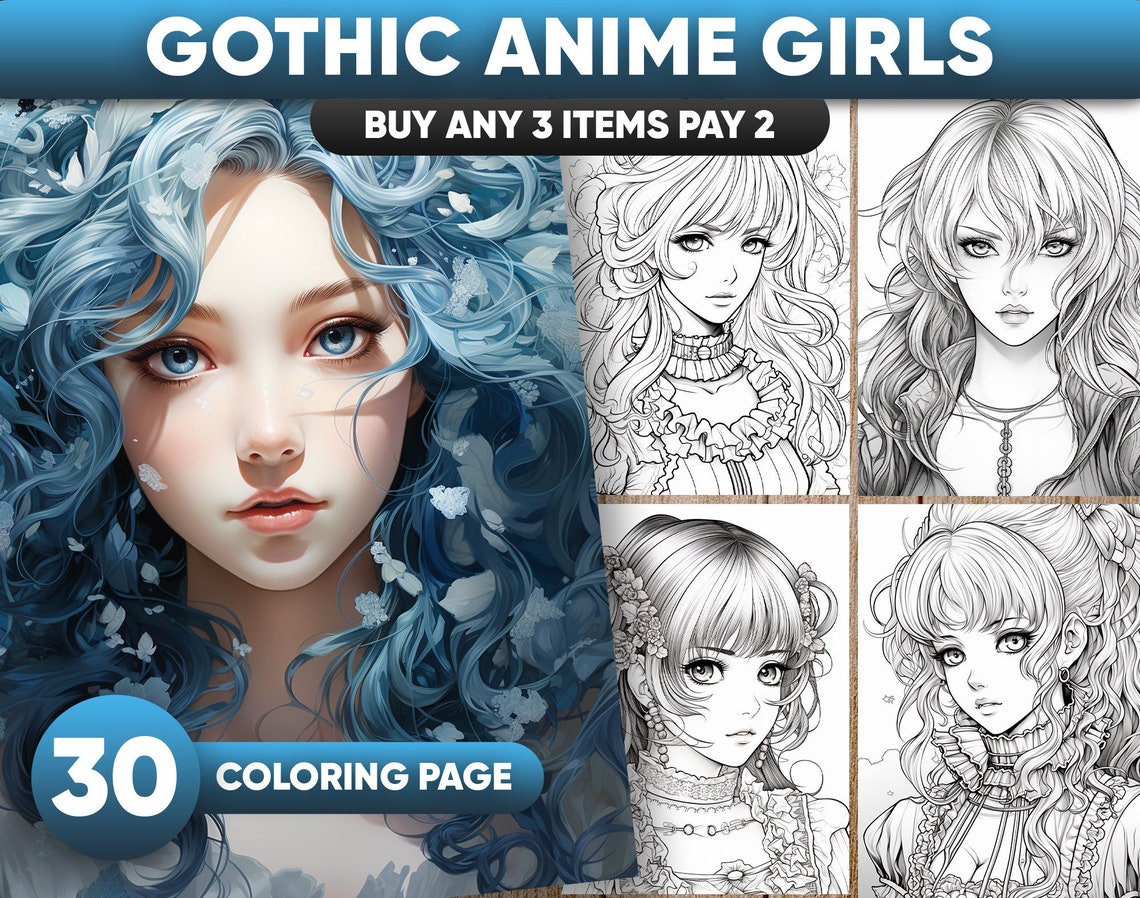 Gothic Anime Girls Coloring Pages for Adults Grayscale - Etsy