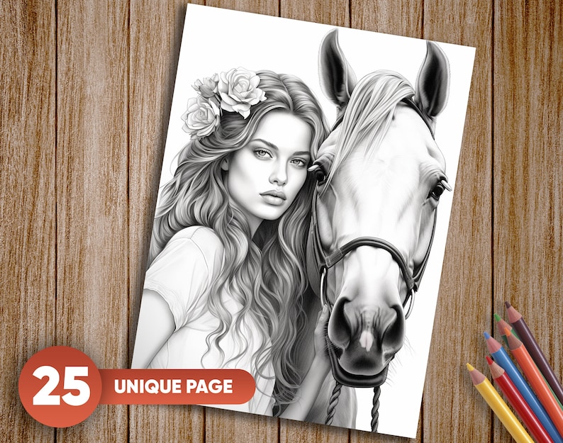 Pu&ograve; includere: Un disegno in bianco e nero di una donna con lunghi capelli fluenti che indossa una corona di fiori, che guarda la fotocamera. &Egrave; in piedi accanto a un cavallo bianco con un morso nero.