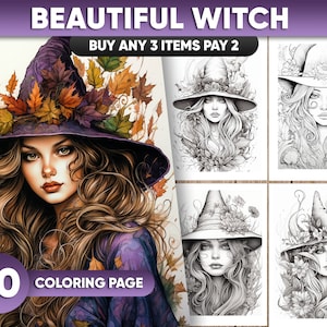 40 Digital Beautiful Witches Coloring Pages | Printable PDF & JPEG Files | Instant Download