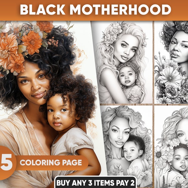 25 Black Motherhood Coloring Pages for adults, Mom and daughter, Mom and son, floral, Grayscale Coloring Book PDF/JPEG