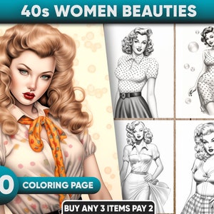1940s Women Portrait Coloring Pages: Grayscale Printable (PDF File)