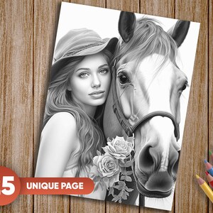 Pu&ograve; includere: Un disegno in bianco e nero di una donna con i capelli lunghi che indossa un cappello e un cavallo. La donna tiene un mazzo di rose. Il disegno &egrave; su sfondo bianco.