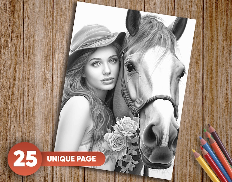 Pu&ograve; includere: Un disegno in bianco e nero di una donna con i capelli lunghi che indossa un cappello e un cavallo. La donna tiene un mazzo di rose. Il disegno &egrave; su sfondo bianco.