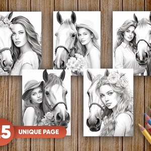 Pu&ograve; includere: Cinque illustrazioni in bianco e nero di donne con cavalli. Ogni illustrazione presenta una donna con i capelli lunghi e un cavallo con un morso. Le donne indossano abiti diversi, tra cui un cappello, una corona di fiori e una sciarpa. I cavalli sono tutti rivolti verso lo spettatore. Le illustrazioni sono su uno sfondo bianco.