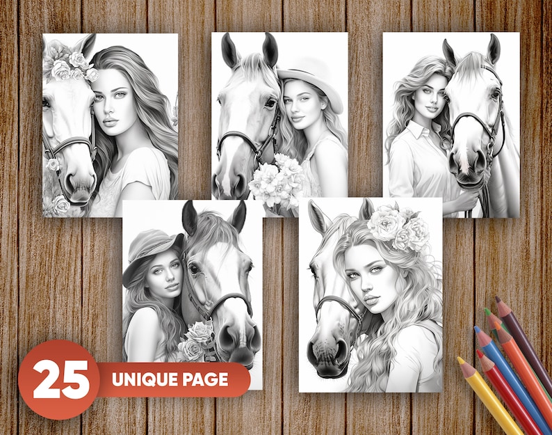 Pu&ograve; includere: Cinque illustrazioni in bianco e nero di donne con cavalli. Ogni illustrazione presenta una donna con i capelli lunghi e un cavallo con un morso. Le donne indossano abiti diversi, tra cui un cappello, una corona di fiori e una sciarpa. I cavalli sono tutti rivolti verso lo spettatore. Le illustrazioni sono su uno sfondo bianco.