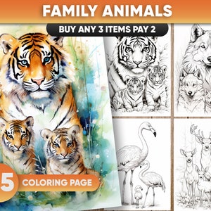 大人向けの 25 種類の家族の動物のグレースケールぬり絵、JPG および PDF ファイル、即時ダウンロード、印刷可能なぬり絵