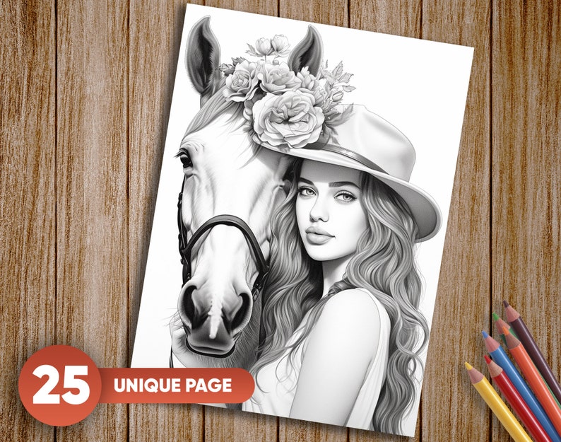 Pu&ograve; includere: Un'illustrazione in bianco e nero di una donna con i capelli lunghi e ondulati che indossa un cappello a tesa larga adornato con fiori. &Egrave; in piedi accanto a un cavallo con un morso.