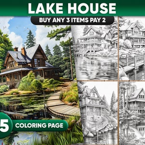 25 Lake House Nature Forest Coloring Book For Adults Grayscale Cabin Woodland Home Coloring Pages Instant Download Art Printable PDF / JPEG