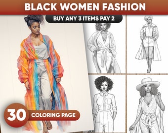 30 Black Women FashionColoring Pages for adults, Instant Download, Grayscale Coloring Book, Printable PDF File