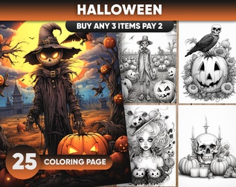 25 Halloween Coloring Pages, JPEG/PDF format, Instant Download, Coloring Pages for adults, Instant Download, Grayscale Coloring Book,