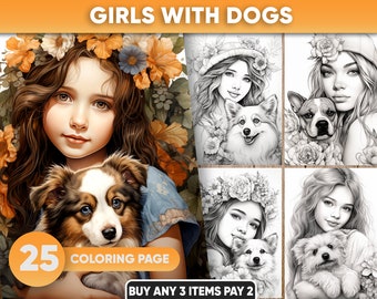 Libro da colorare Ragazze con cani: 25 pagine in scala di grigi (PDF stampabile)