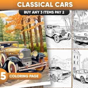 25 Classical Cars Coloring Pages, Instant Download, Grayscale Coloring Book, Printable PDF File