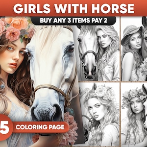 Pu&ograve; includere: Un set di 25 pagine da colorare con ragazze e cavalli. Le immagini sono in bianco e nero e presentano una variet&agrave; di pose ed espressioni. Il testo "BUY ANY 3 ITEMS PAY 2" &egrave; in alto nell'immagine.