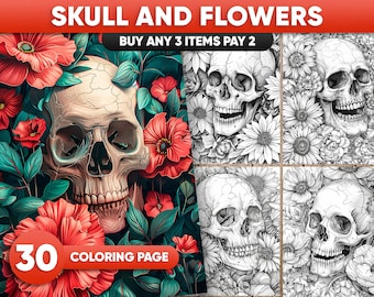 Kleurboek schedels en bloemen grijswaarden: 40 afdrukbare pagina's (pdf/jpeg)