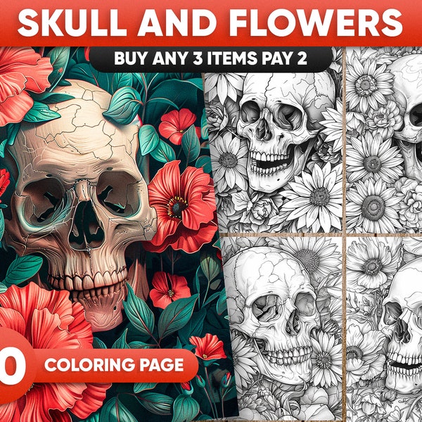 Skulls and Flowers Coloring Book, 40 Coloring Pages, For Adults and Kids, Grayscale Coloring Book, Printable PDF / JPEG