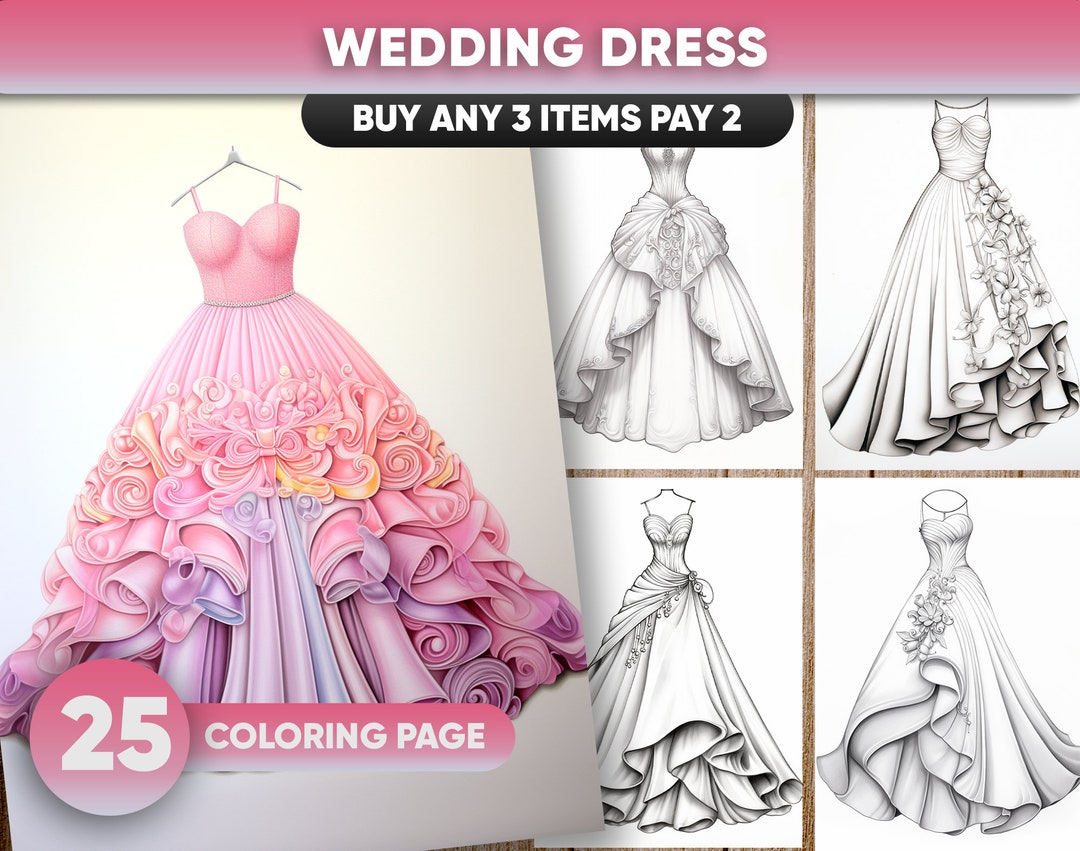 25 Beautiful Wedding Dress Coloring Page, Adults &amp; Kids- Instant Download - Grayscale Coloring ...
