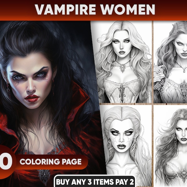 30 Vampire Women Portrait Coloring Pages for adults, Instant Download, Grayscale Coloring Book, Printable PDF File