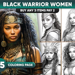 25 Black Warrior Women Coloring Pages for adults, Grayscale  Printable PDF/JPEG, Digital Download