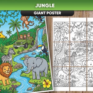 May include: A colorful jungle-themed giant poster featuring a variety of animals, including a giraffe, zebra, lion, and elephant. The poster also includes a jeep with people, a monkey, and a toucan. The text "JUNGLE GIANT POSTER" is at the top.